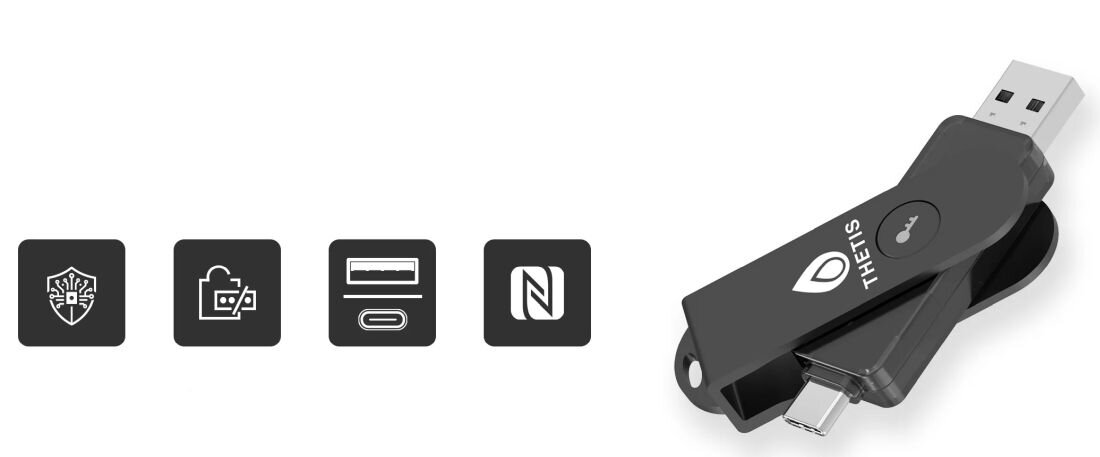Klucz zabezpieczający Thetis z USB-A i USB-C prezentuje funkcje NFC oraz uwierzytelniania wieloskładnikowego na grafice produktowej  