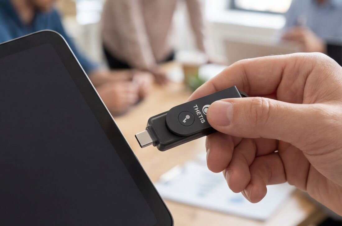 Użytkownik trzyma klucz zabezpieczający Thetis z USB-C przed tabletem podczas logowania i ochrony dostępu do kont 
