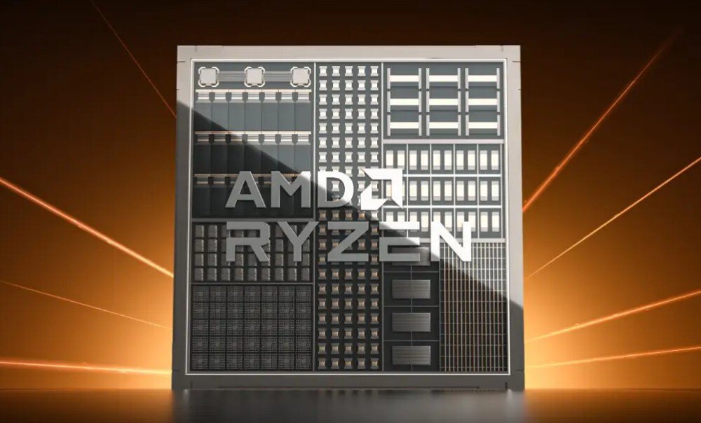 Komputer GEEKOM A7 Max Procesor 'AMD RYZEN' na tle oświetlonym jasnymi strumieniami światła