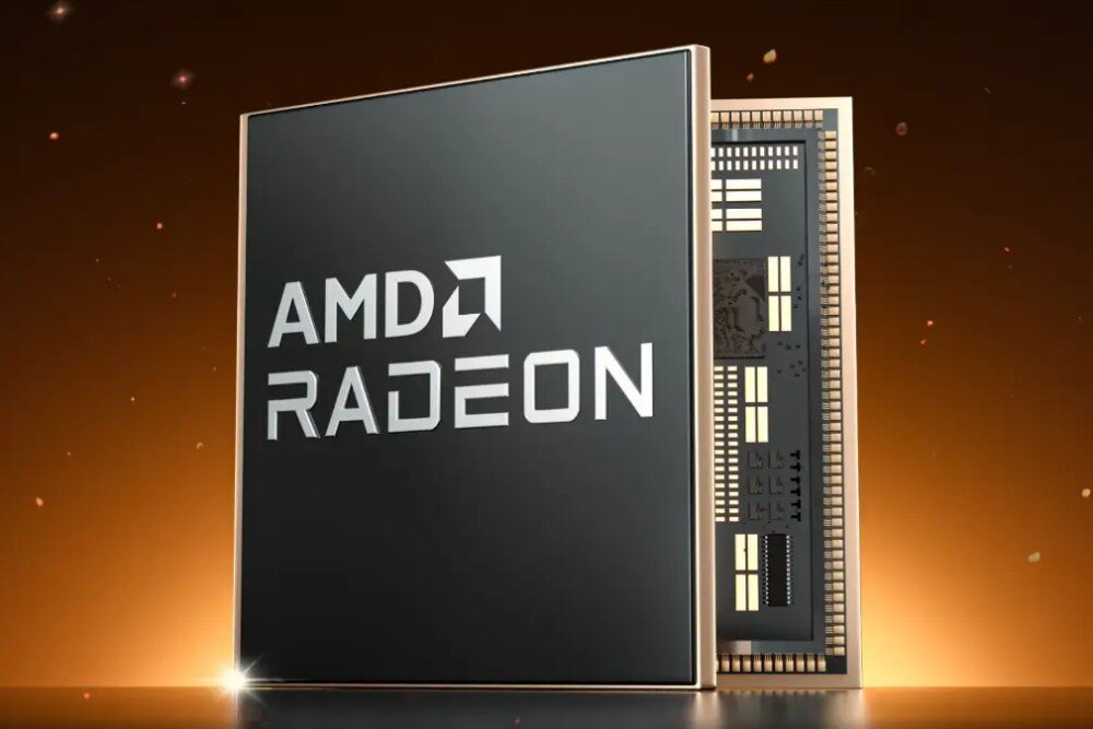 Komputer GEEKOM A7 Max Odnośnik do układu graficznego z napisami 'AMD RADEON' oraz odsłoniętą strukturą krzemową w tle