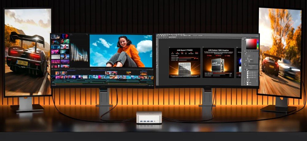Komputer GEEKOM A7 Max Minikomputer podłączony do czterech monitorów wyświetlających programy graficzne i gry