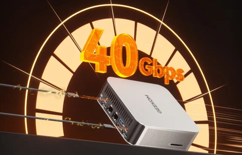 Komputer GEEKOM A7 Max Minikomputer z widocznym portem na tle cyferblatu i napisu '40 Gbps' oznaczającego szybki przesył danych
