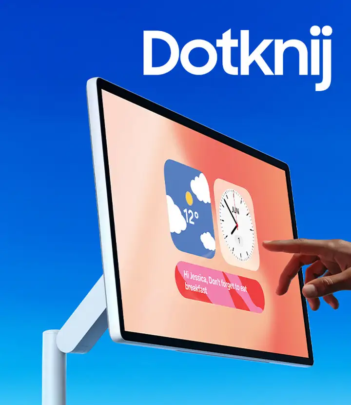Na obrazie widoczny jest ekran z aplikacjami pogodową i zegarem oraz tekstem: \'Hi Jessica, Don\'t forget to eat breakfast\'. Nad ekranem znajduje się napis \'Dotknij\'.