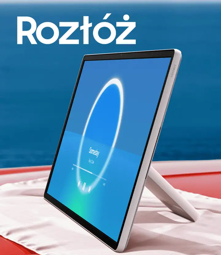 Na obrazie widoczny jest ekran urządzenia z wyświetlonym interfejsem odtwarzacza muzyki, na którym widać napis \'Someday\'. W tle znajduje się niebieskie niebo, a na górze obrazu widnieje tekst \'Rozłóż\'.