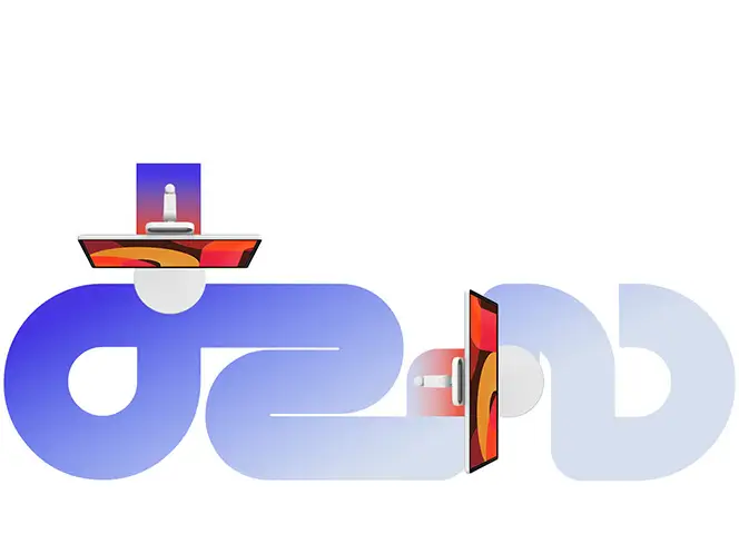 Grafika przedstawia dwa telewizory z kolorowymi ekranami umieszczone na abstrakcyjnym, niebieskim tle w kształcie pętli. Telewizory są zamontowane na białych uchwytach.