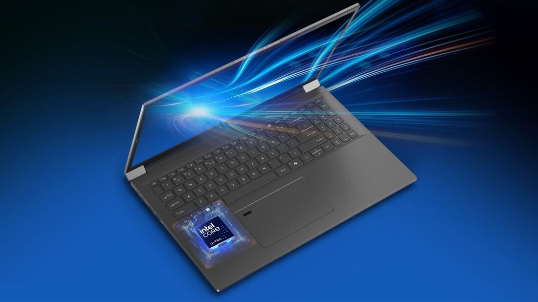 Na obrazie widoczny jest otwarty laptop z klawiaturą i touchpadem, z efektem świetlnym wychodzącym z ekranu. Na obudowie laptopa znajduje się logo \'Intel Core i7\'.