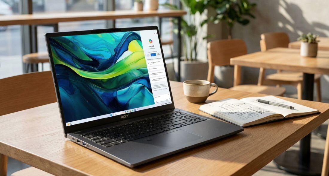 Na drewnianym stole stoi otwarty laptop z kolorowym ekranem, obok znajduje się otwarty notes z długopisem oraz filiżanka. W tle widać krzesła i rośliny w doniczkach.