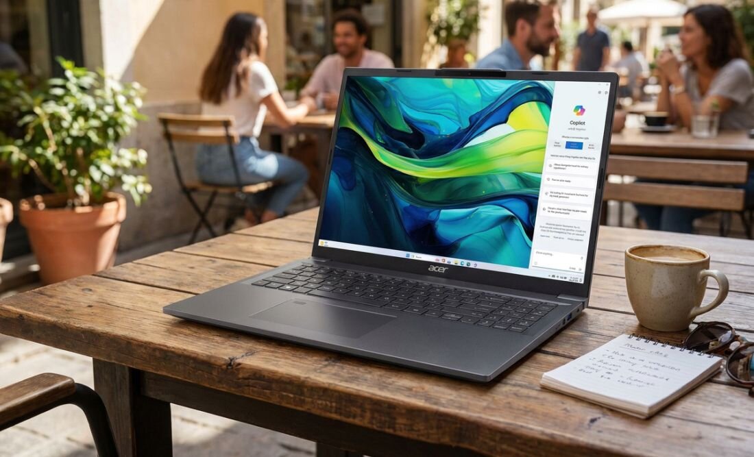 Na drewnianym stole znajduje się otwarty laptop z widocznym kolorowym ekranem i logo \'acer\' na dolnej ramce. Obok laptopa leży notatnik z odręcznymi notatkami, a w tle widać rozmyte postacie siedzące przy stolikach na zewnątrz.