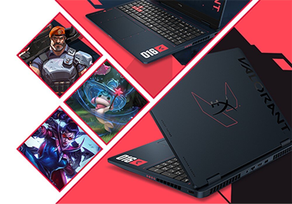 Laptop HYPERX Omen 16 Kompozycja przedstawiająca laptopa w dwóch ujęciach oraz trzy kwadratowe grafiki z postaciami z gier komputerowych
