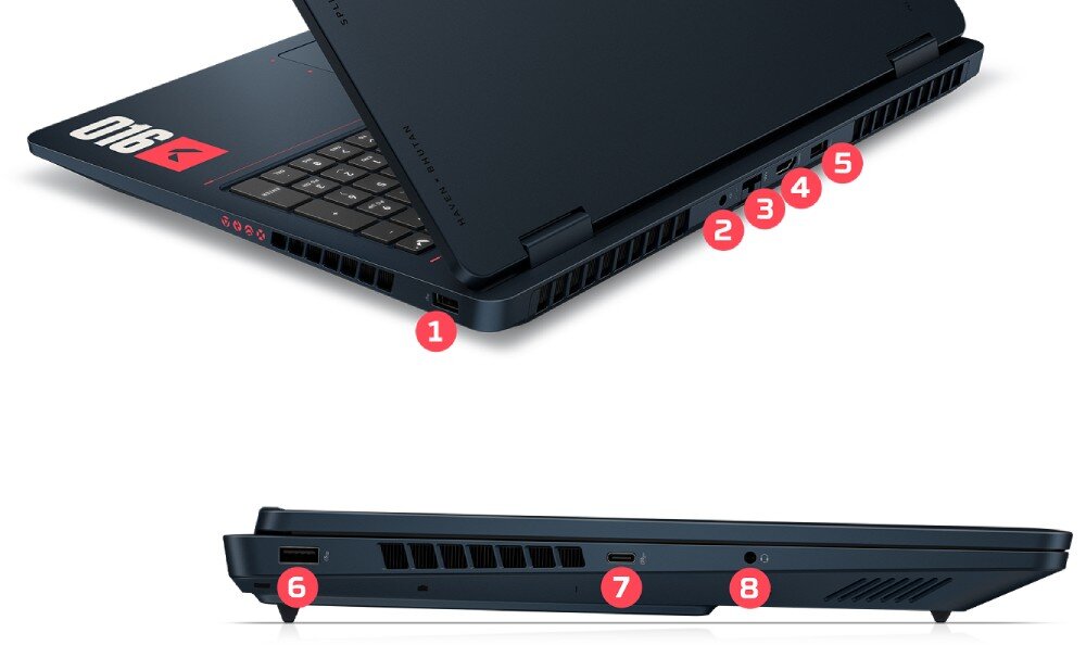 Laptop z widocznymi portami i oznaczeniami numerów od 1 do 8. Na obudowie znajduje się logo \'Omen\'.