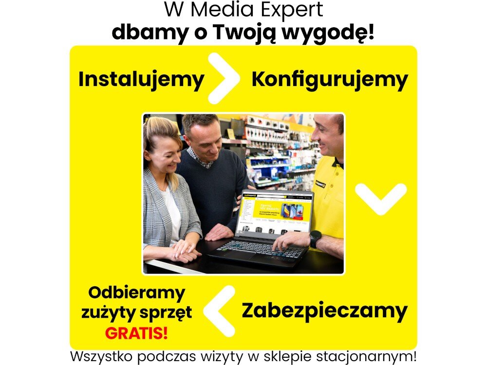 Na żółtym tle widnieje napis: \'W Media Expert dbamy o Twoją wygodę!\'. Poniżej znajduje się zdjęcie trzech osób przy laptopie oraz napisy: \'Instalujemy\', \'Konfigurujemy\', \'Odbieramy zużyty sprzęt GRATIS!\', \'Zabezpieczamy\'.