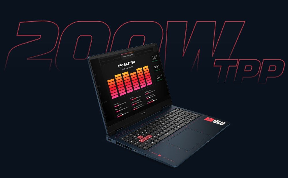 Laptop z wyświetlaczem pokazującym kolorowe wykresy i tekst \'UNLEASHED\'. W tle widoczny jest duży napis \'200W TPP\'.