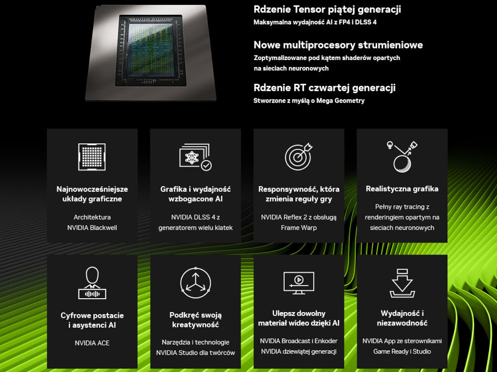 Obraz przedstawia grafikę z tekstem dotyczącym technologii kart graficznych, w tym \'Rdzenie Tensor piątej generacji\' i \'Najnowsze układy graficzne\'. Widoczny jest również tekst \'NVIDIA DLSS 4\' oraz \'NVIDIA Reflex 2 z obsługą Frame Warp\'.