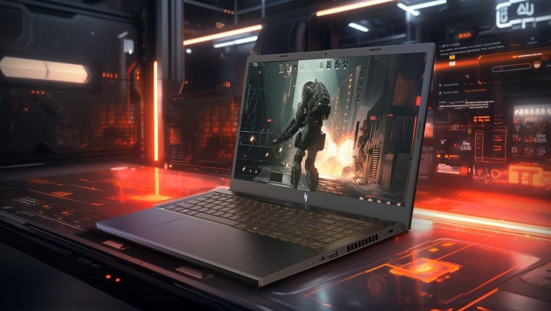 Laptop Acer Nitro z portem HDMI wyświetla dynamiczną scenę gry na futurystycznym stanowisku gamingowym 