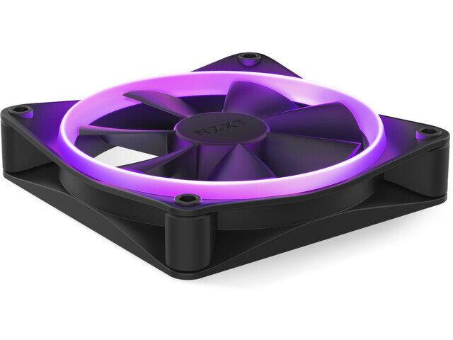 Czarny wentylator komputerowy z podświetleniem RGB, widoczny z boku. Na środku wentylatora znajduje się logo \'NZXT\'.