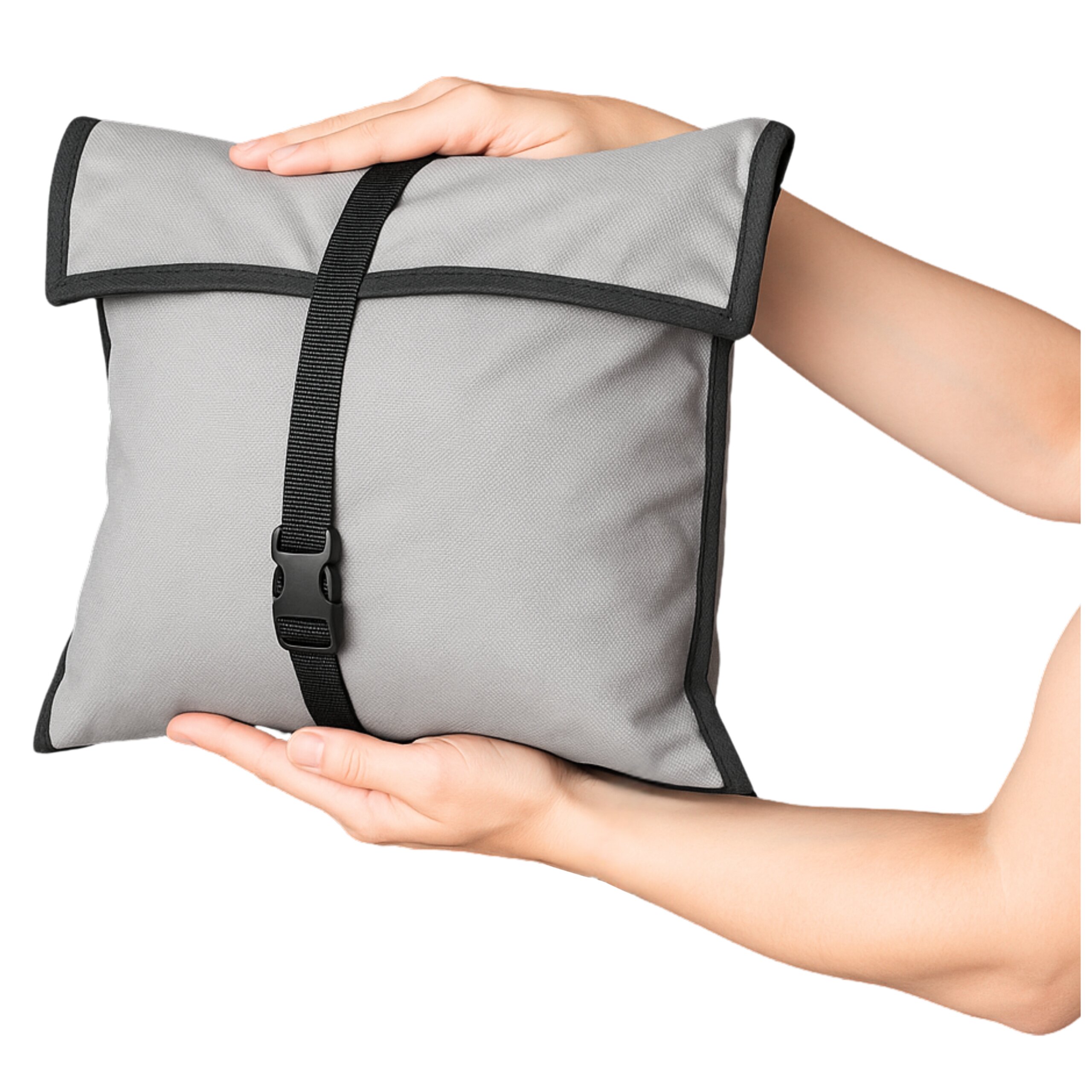 Osoba trzyma szary pokrowiec z czarnymi krawędziami i paskiem z klamrą na środku.