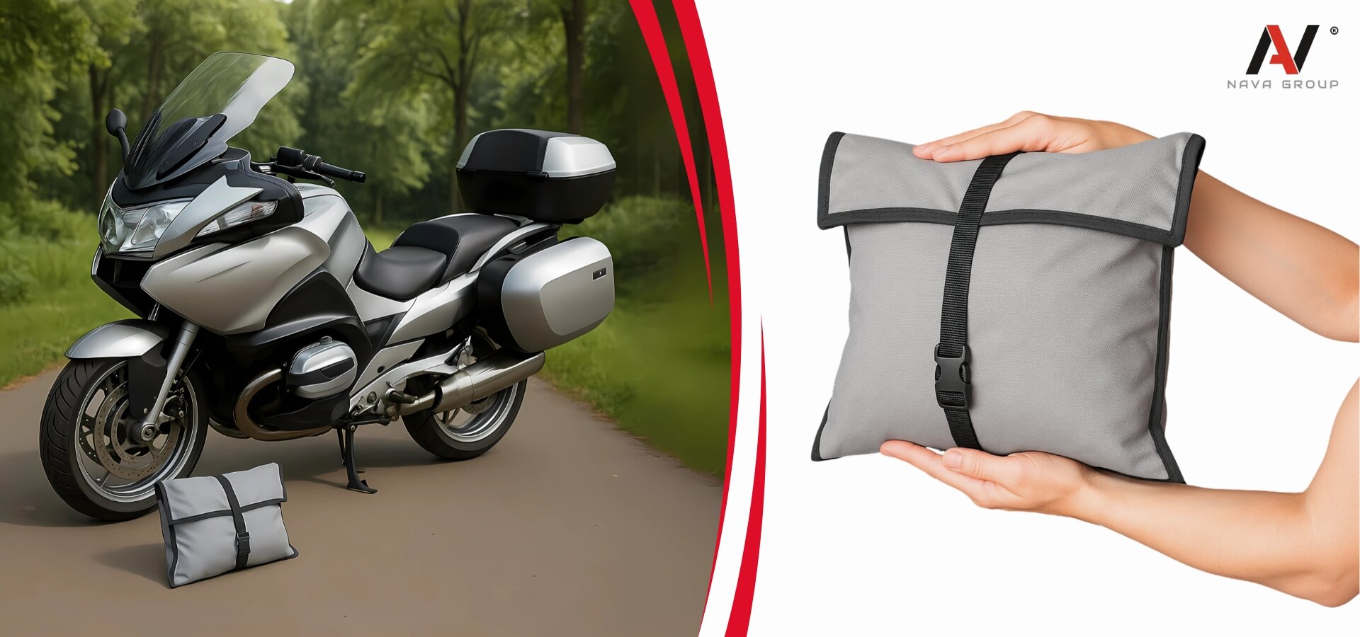 Na obrazie widoczny jest motocykl zaparkowany na drodze oraz szary pokrowiec z czarnym paskiem leżący obok. Po prawej stronie znajduje się zbliżenie na złożony pokrowiec trzymany w dłoniach, a w rogu widoczne jest logo \'NAVA GROUP\'.