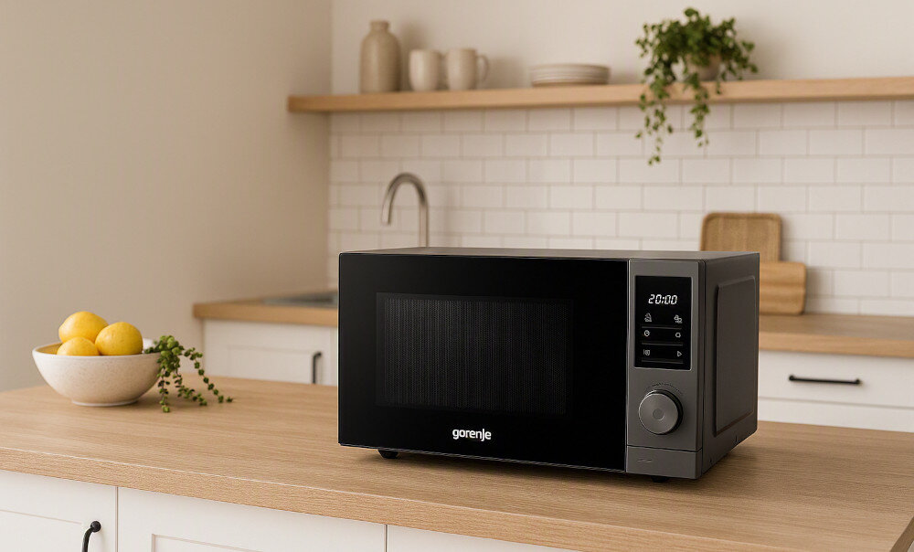 KUCHENKA MIKROFALOWA GORENJE MO20A3T4 Kuchenka mikrofalowa Gorenje stoi na drewnianym blacie w jasnej kuchni z białymi płytkami i półką z naczyniami oraz rośliną. Urządzenie ma czarny front z wyświetlaczem (pokazującym „20:00”) i pokrętłem sterowania, a obok znajduje się miska z cytrynami 20 l 700 W 5 poziomów mocy sterowanie elektroniczne pokrętło design czarno szara kompaktowa mikrofalówka