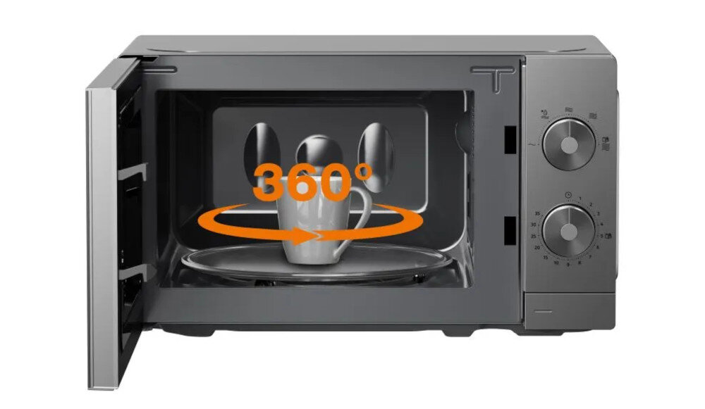 KUCHENKA MIKROFALOWA GORENJE MO20A3T4 Wnętrze mikrofalówki z kubkiem ustawionym na talerzu obrotowym oraz oznaczeniem „360°”. Grafika podkreśla równomierne podgrzewanie dzięki obrotowi talerz obrotowy 360 równomierne podgrzewanie mikrofala rozmrażanie jedzenia