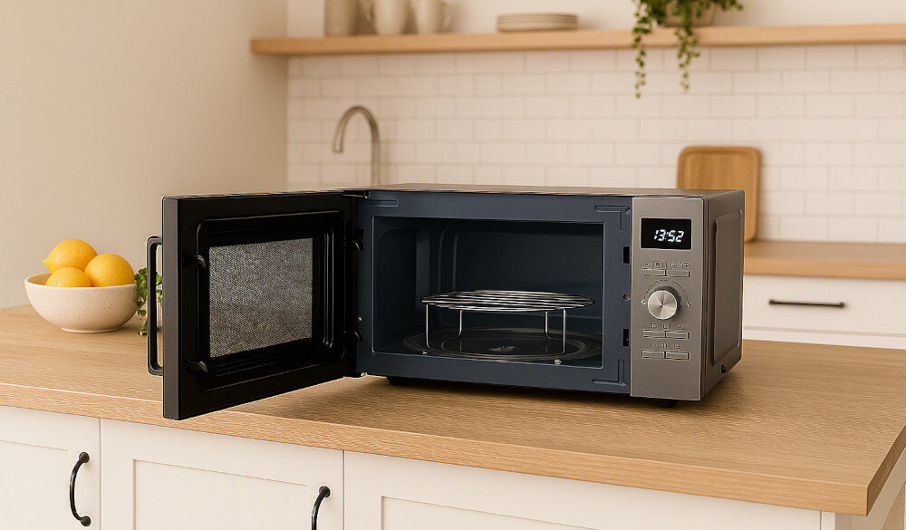 KUCHENKA MIKROFALOWA GORENJE MO20A4XH Otwarta kuchenka mikrofalowa Gorenje stoi na drewnianym blacie w jasnej kuchni z białymi płytkami i półką z naczyniami oraz rośliną. Wnętrze urządzenia zawiera talerz obrotowy i metalową kratkę, a na panelu sterowania widoczny jest wyświetlacz z czasem 13:52 oraz pokrętło i przyciski 20 l 800 W grill 1000 W 5 poziomów mocy sterowanie elektroniczne pokrętło czarno srebrna nowoczesna mikrofalówka