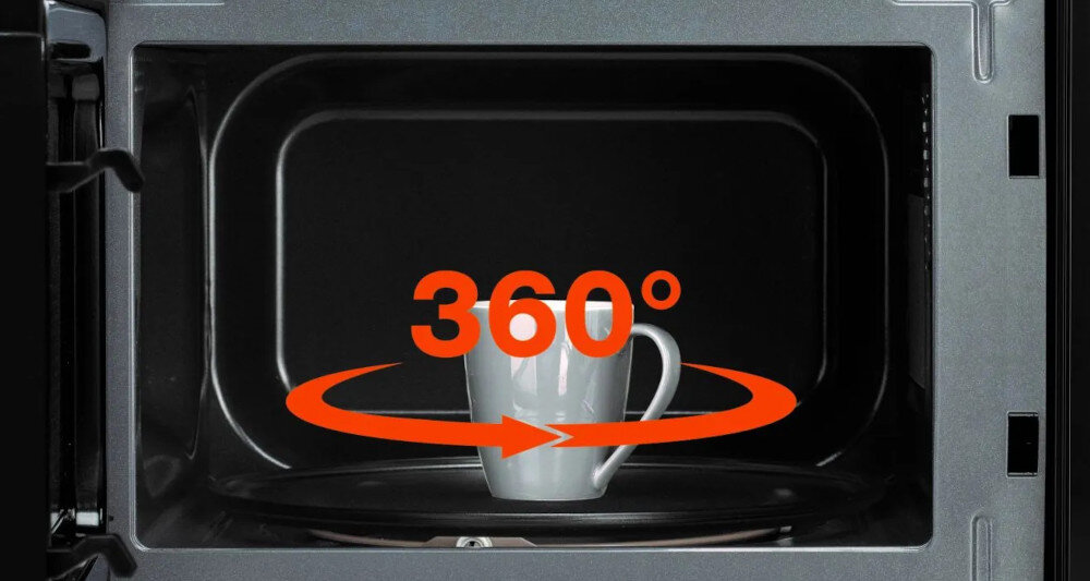 KUCHENKA MIKROFALOWA GORENJE MO20A4XH Wnętrze mikrofalówki z kubkiem ustawionym na talerzu obrotowym oraz oznaczeniem „360°”. Grafika podkreśla równomierne podgrzewanie dzięki obrotowi talerz obrotowy 360 równomierne podgrzewanie mikrofala rozmrażanie jedzenia