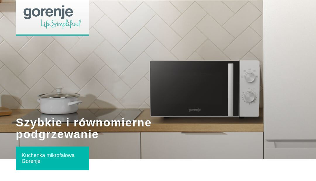 KUCHENKA MIKROFALOWA GORENJE MO20E1WI5 Kuchenka mikrofalowa Gorenje ustawiona na blacie kuchennym. Grafika eksponuje hasło „Szybkie i równomierne podgrzewanie”