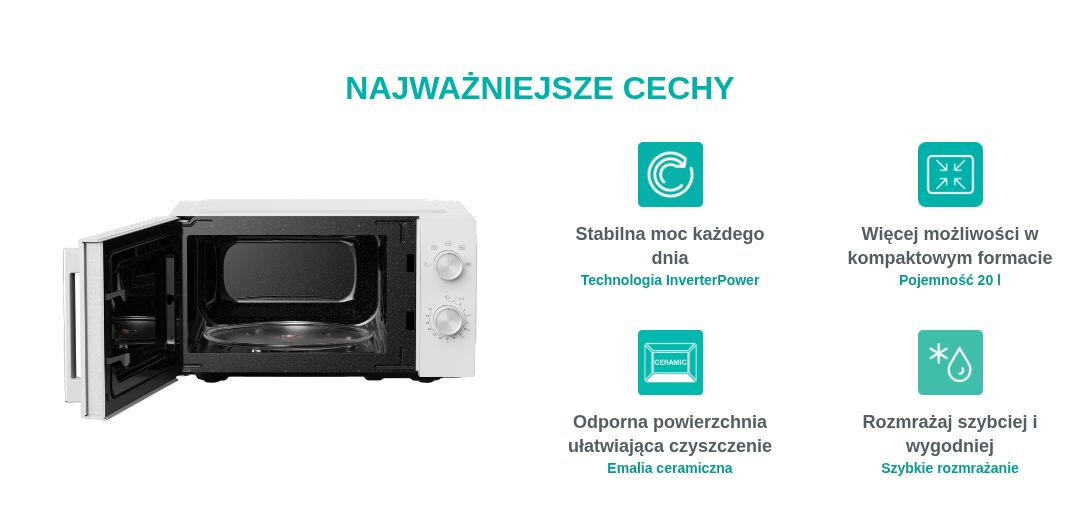 KUCHENKA MIKROFALOWA GORENJE MO20E1WI5 Grafika prezentuje najważniejsze funkcje kuchenki mikrofalowej Gorenje, m.in. technologię InverterPower, pojemność 20 l, emalię ceramiczną oraz szybkie rozmrażanie