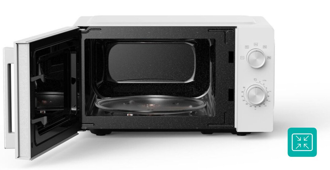 KUCHENKA MIKROFALOWA GORENJE MO20E1WI5 Kuchenka mikrofalowa Gorenje z otwartymi drzwiami. Grafika podkreśla kompaktową komorę o pojemności 20 l pojemność 20 l kompaktowa konstrukcja podgrzewanie posiłków standardowe talerze oszczędność miejsca
