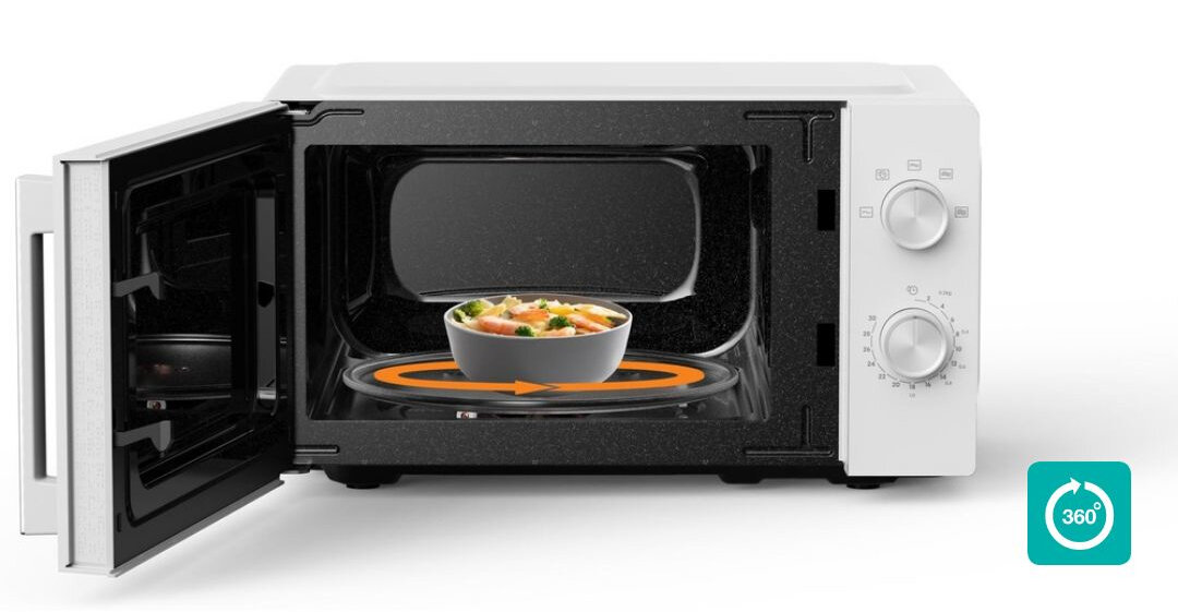 KUCHENKA MIKROFALOWA GORENJE MO20E1WI5 Kuchenka mikrofalowa z obracającym się talerzem i miską z posiłkiem. Grafika prezentuje system równomiernego podgrzewania w zakresie 360° talerz obrotowy równomierne podgrzewanie lepsze rezultaty skuteczne rozprowadzanie ciepła gotowanie