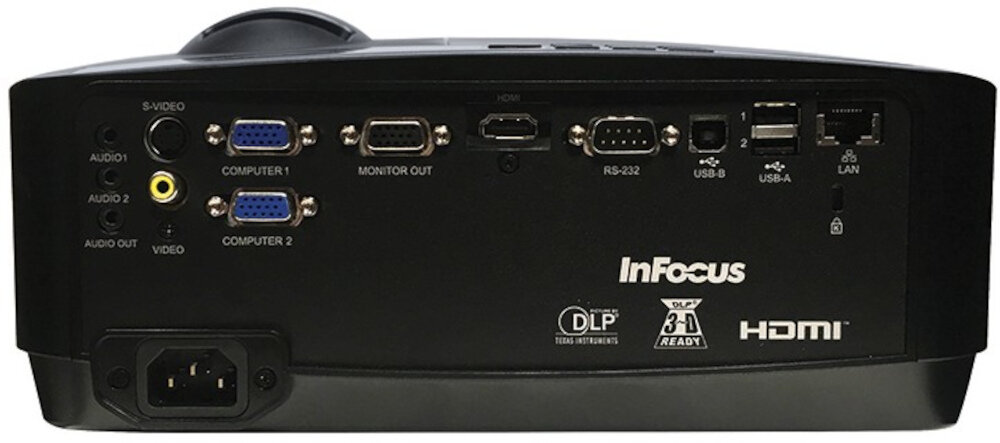 Projektor INFOCUS IN2128HDx dodatkowe zlacza uzywanie na wieel spsoob funkcjonalnosc HDMI D-Sub 15pin S-Video mini Din port RS-232 wejscie liniowe auto Ethernet USB