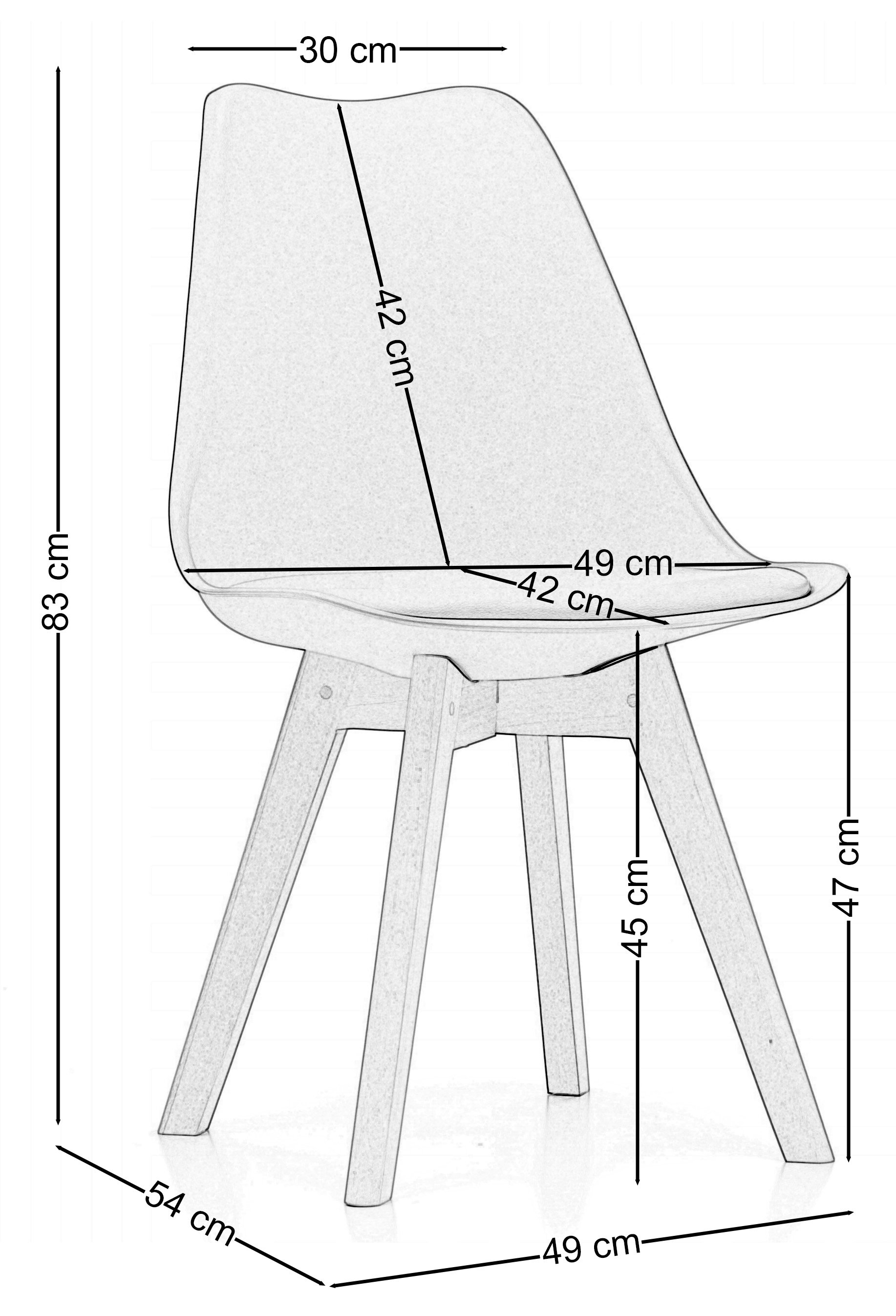 Schemat krzesła z poduszką, z wymiarami: wysokość 83 cm, szerokość siedziska 49 cm, głębokość siedziska 42 cm, wysokość siedziska 45 cm, wysokość oparcia 42 cm, szerokość oparcia 30 cm, głębokość całkowita 54 cm.