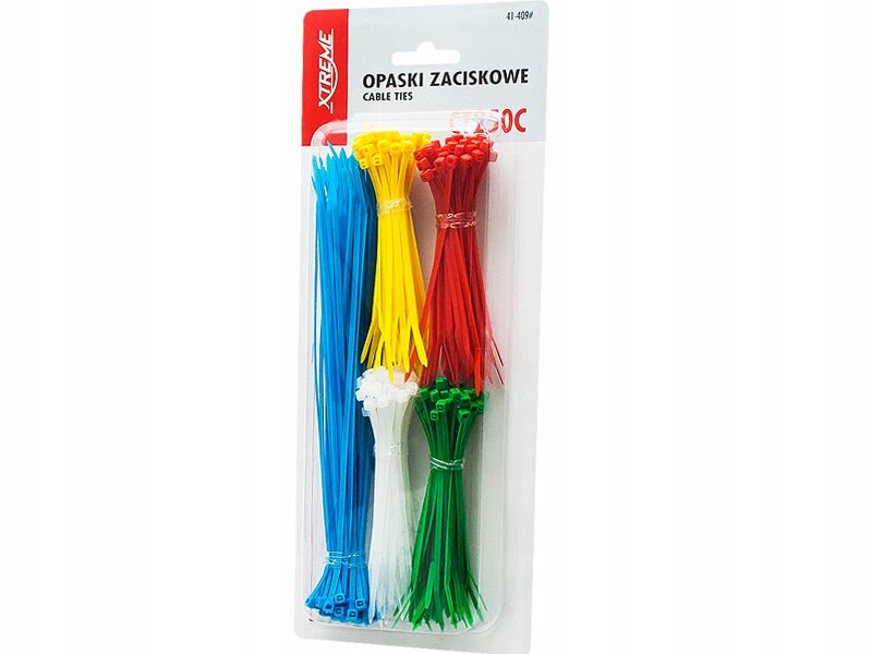 Opakowanie zawiera zestaw kolorowych opasek zaciskowych w kolorach niebieskim, żółtym, czerwonym, białym i zielonym. Na opakowaniu widnieje napis \'XTREME OPASKI ZACISKOWE CABLE TIES 250C\'.