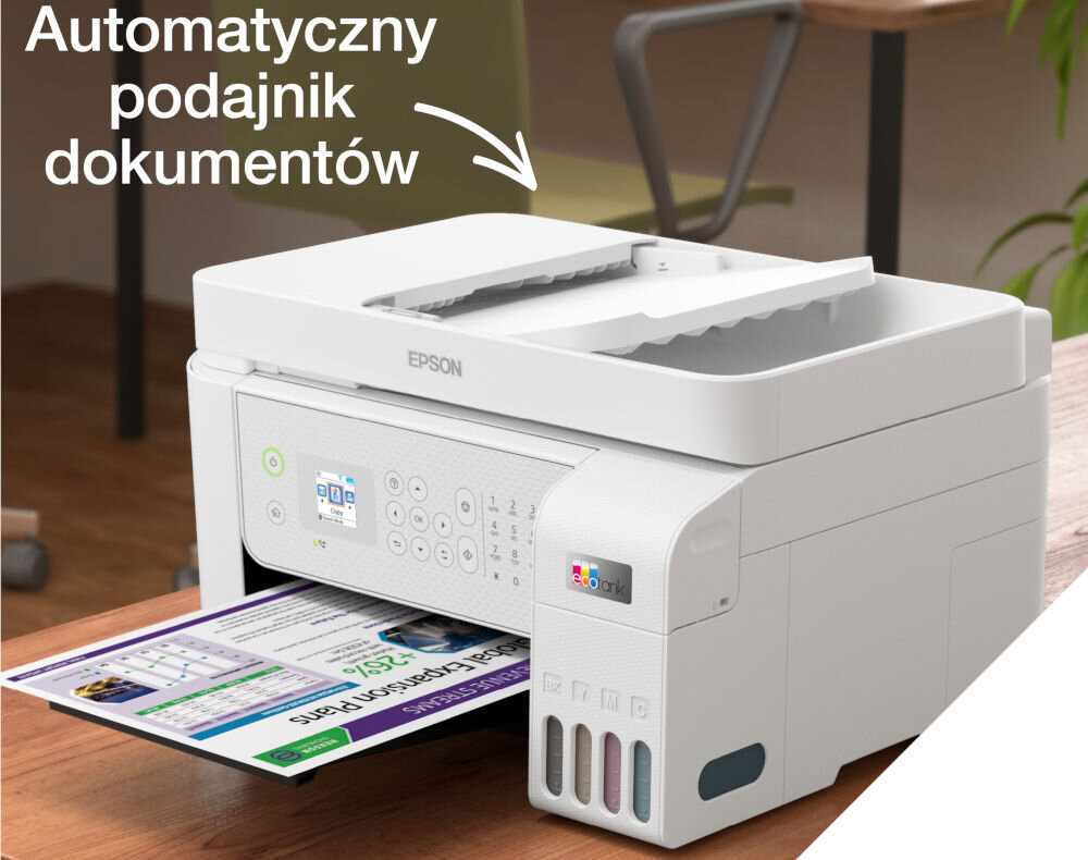 Na obrazie widoczne jest białe urządzenie wielofunkcyjne z logo EPSON, z którego wysuwa się kolorowy dokument. Obok znajduje się napis \'Automatyczny podajnik dokumentów\'.