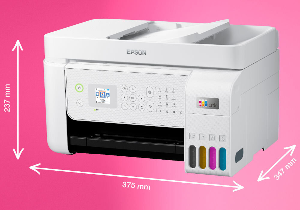 Białe urządzenie wielofunkcyjne z logo \'EPSON\' na górze, posiada panel sterowania z wyświetlaczem i przyciskami. Obok widoczne są cztery kolorowe pojemniki na tusz oznaczone \'BK\', \'Y\', \'M\', \'C\', a wymiary urządzenia to 237 mm x 375 mm x 347 mm.