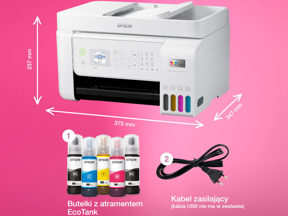 Na różowym tle znajduje się urządzenie wielofunkcyjne EPSON z widocznymi wymiarami 237 mm x 375 mm x 347 mm. Obok pokazane są butelki z atramentem EcoTank oraz kabel zasilający z informacją, że kabel USB nie jest w zestawie.