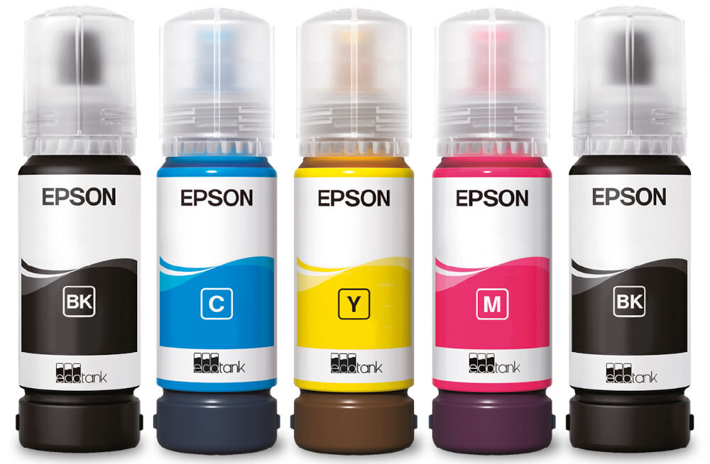 Na obrazie widoczne są pięć butelek z tuszem marki EPSON, oznaczone literami BK, C, Y, M, BK. Każda butelka ma etykietę z logo EcoTank i różni się kolorem: czarny, niebieski, żółty, różowy, czarny.