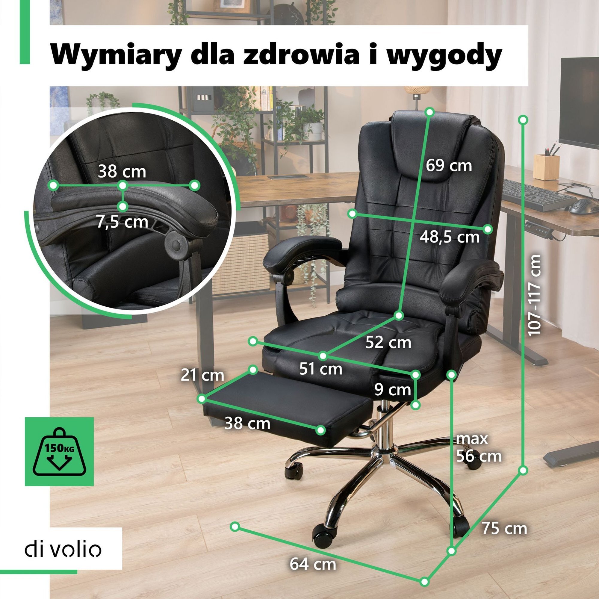 Obraz przedstawia czarny fotel biurowy obrotowy z podnóżkiem, z zaznaczonymi wymiarami w centymetrach. Widoczny jest tekst: \'Wymiary dla zdrowia i wygody\', \'150 kg\', oraz logo \'di volio\'.