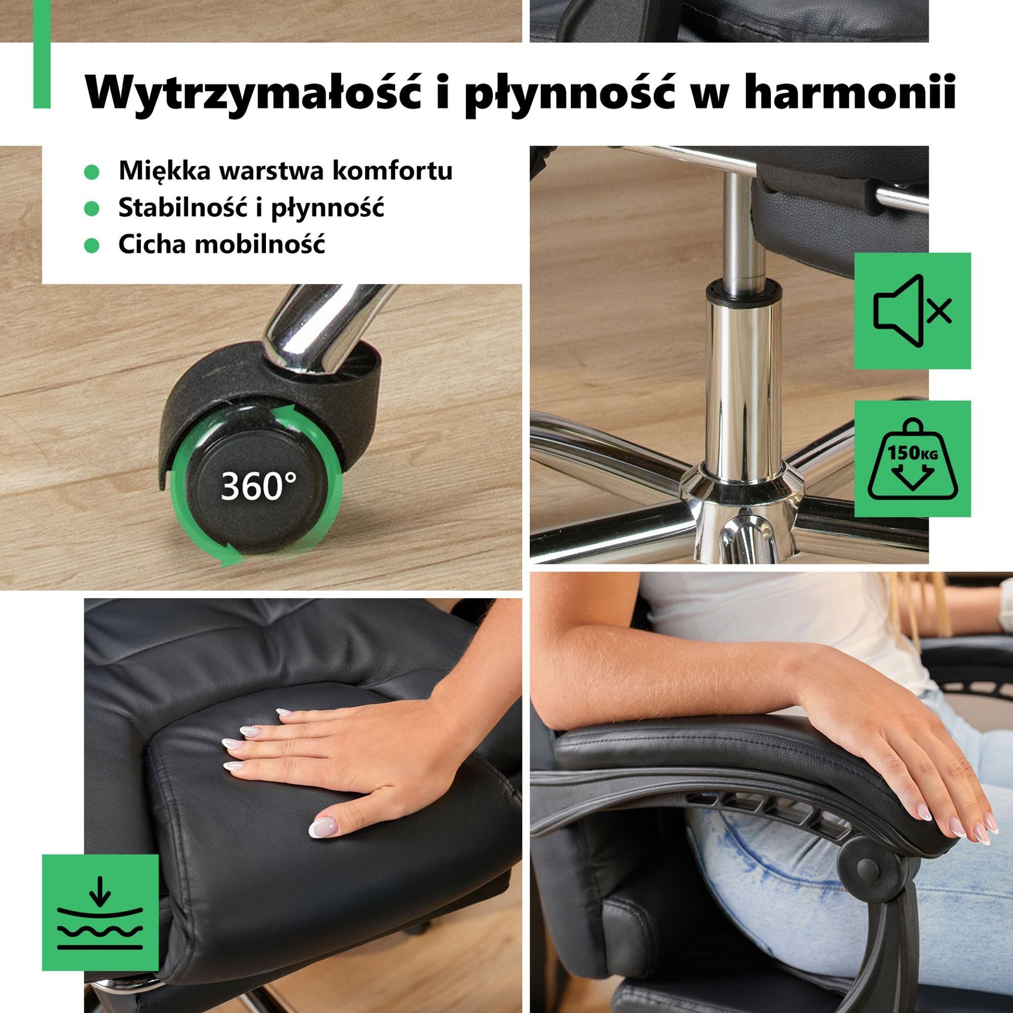 Obraz przedstawia fotel biurowy z czarną tapicerką, zbliżenia na kółko z oznaczeniem 360°, chromowaną podstawę oraz rękę na podłokietniku. Tekst: \'Wytrzymałość i płynność w harmonii\', \'Miękka warstwa komfortu\', \'Stabilność i płynność\', \'Cicha mobilność\'.
