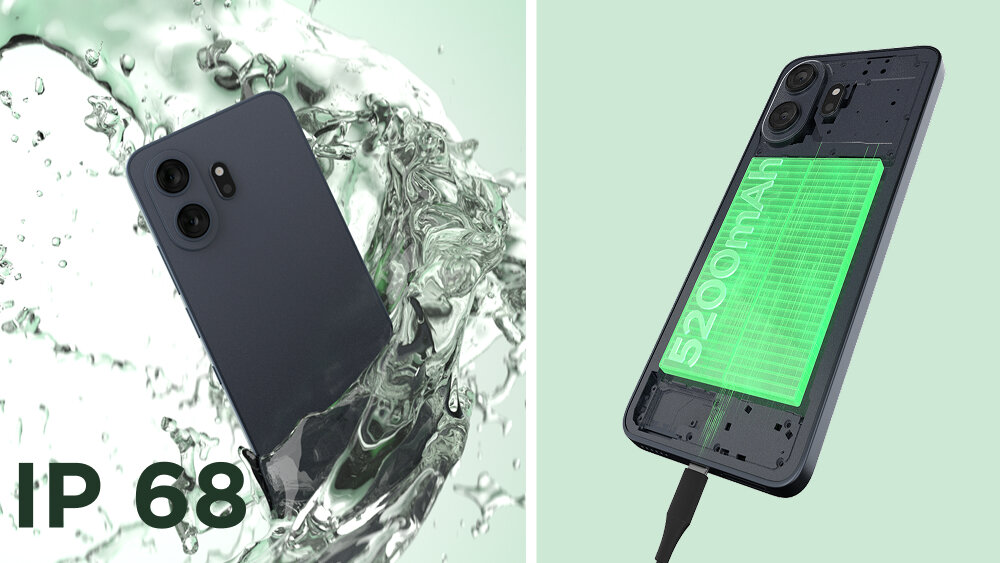 Dwa kafelki: ciemny smartfon oblewany strumieniem wody z napisem IP 68 oraz podłączony do ładowarki telefon z baterią 5200 mAh