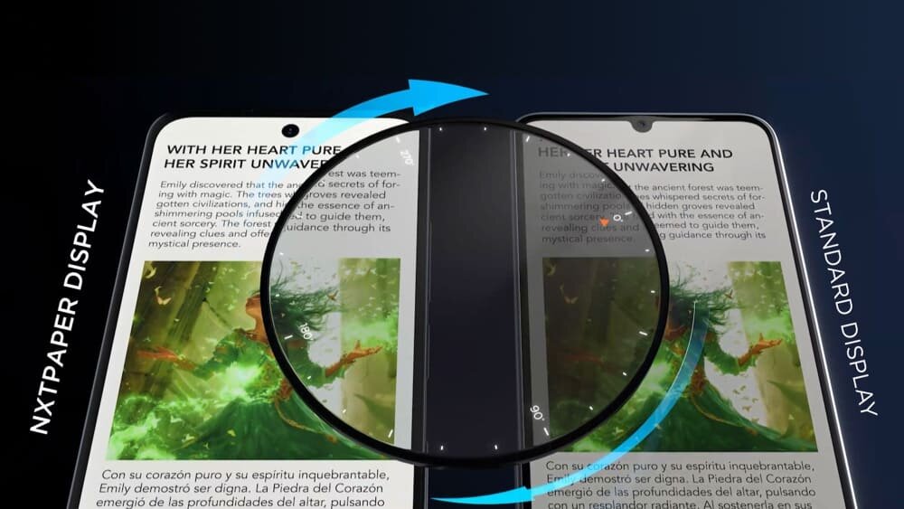 Porównanie matowego ekranu Nxtpaper Display bez odblasków ze stawiającym refleksy światła ekranem Standard Display