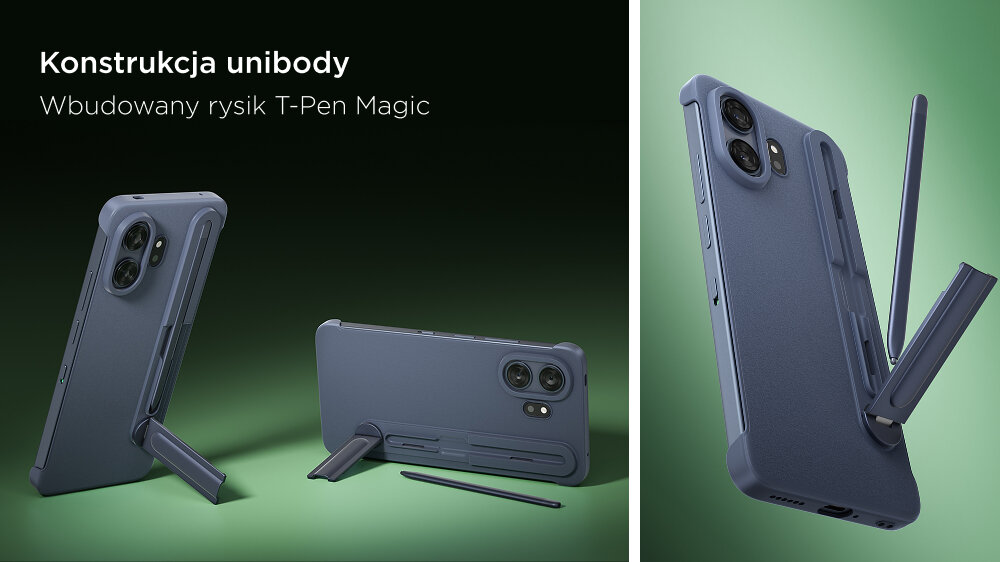 Smartfon TCL w etui z funkcją podstawki i schowkiem na rysik T-Pen Magic umieszczonym w tylnej części obudowy
