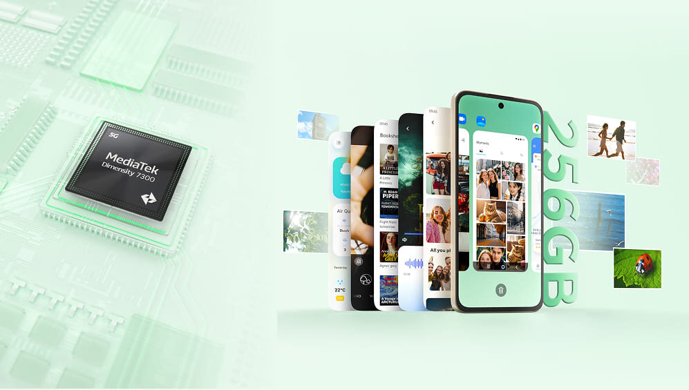 Kafelki z procesorem MediaTek Dimensity 7300 i kremowym smartfonem na tle aplikacji z napisem 256 GB pojemności pamięci