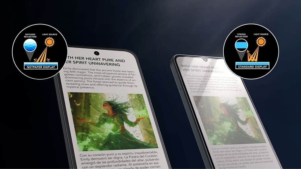 Porównanie wyświetlacza Nxtpaper Display z rozproszonym światłem i matrycy Standard Display z bezpośrednim odbiciem światła