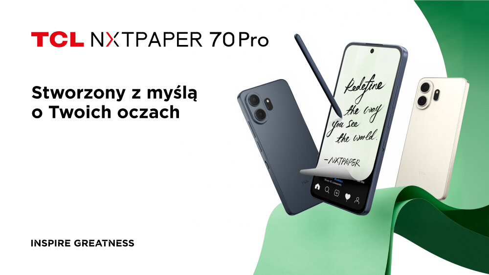 Grafika TCL NXTPAPER 70 Pro: dwa smartfony, ciemnoszary i kremowy, rysik oraz ekran z efektem matowej kartki papieru