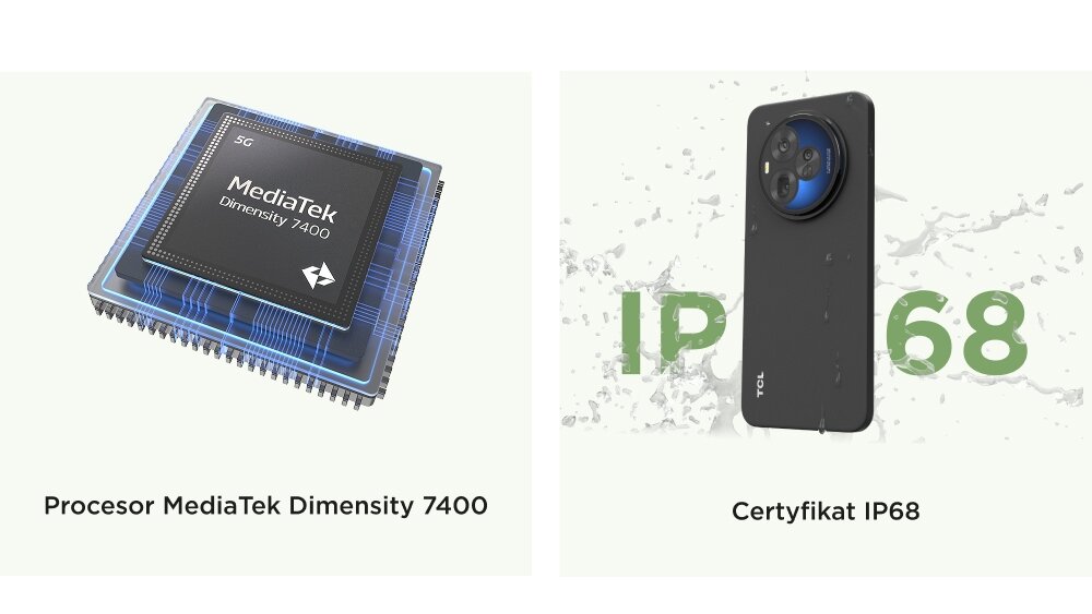 Dwa kafelki: procesor MediaTek Dimensity 7400 oraz czarny smartfon TCL z odpornością potwierszoną certyfikatem IP68