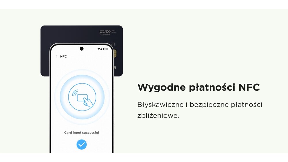Smartfon i czarna karta płatnicza w tle, z ikoną płatności zbliżeniowej Near Field Communication i potwierdzeniem transakcji