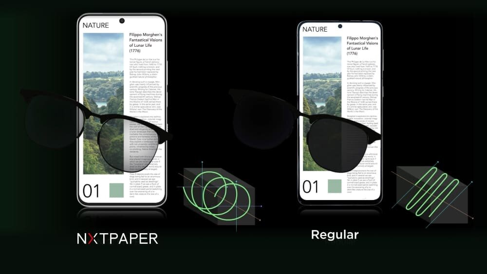 Smartfon Nxtpaper z jasnymi okularami i falistym schematem obok telefonu Regular z ciemną soczewką i prostym schematem fali