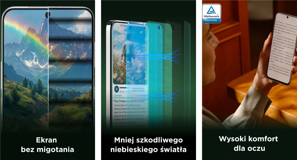Kafelki prezentujące ekran bez migotania, ochronę przed niebieskim światłem oraz certyfikat Technischer Überwachungsverein