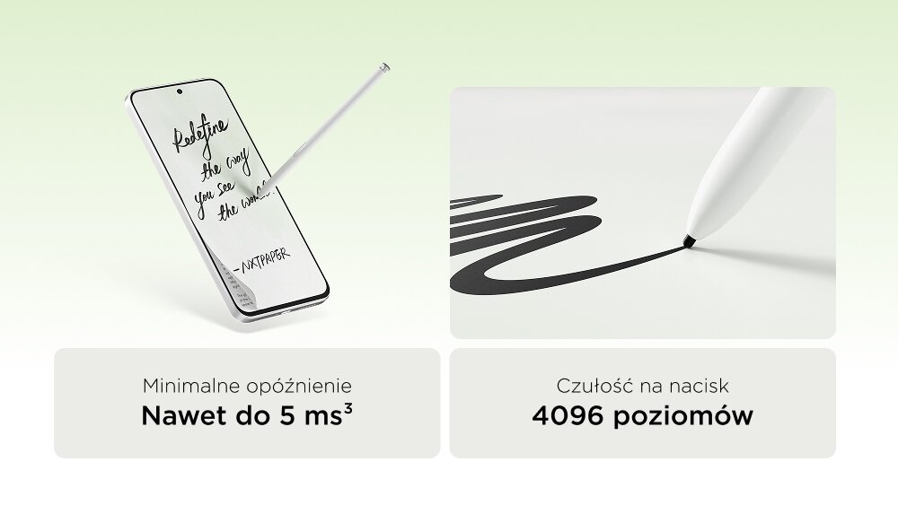 Smartfon z rysikiem. Obok napisy: minimalne opóźnienie nawet do 5 milisekund oraz czułość na nacisk wynosząca 4096 poziomów