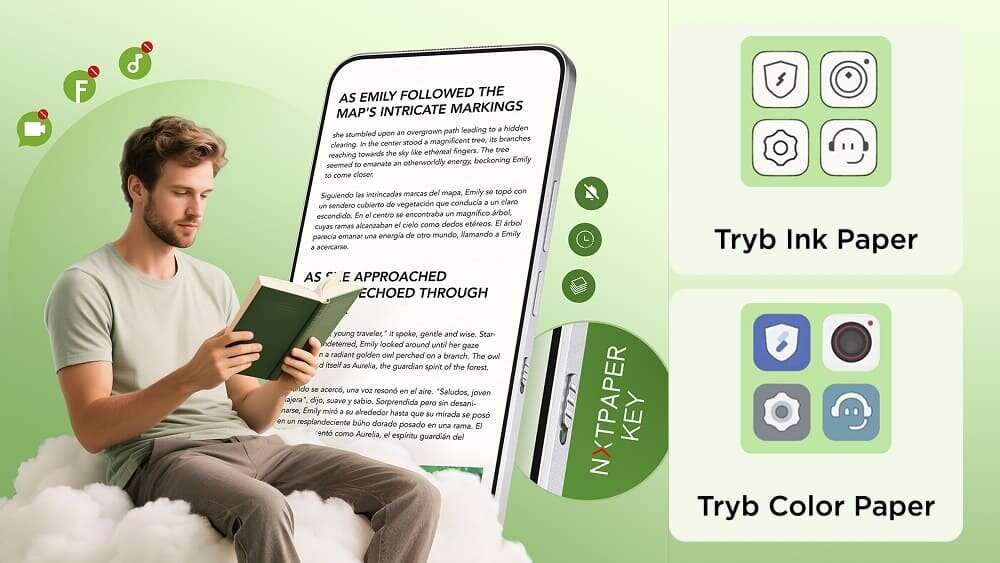 Mężczyzna z książką przy smartfonie oraz dwa kafelki pokazujące ikony w czarno-białym trybie Ink Paper i kolorowym Color Paper